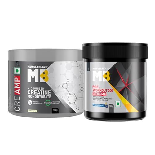 Image of MuscleBlaze Pre Workout 200 Xtreme, Berry Bolt (15 Servings, 100g) & Micronised Creatine Monohydrate CreAMP Powder, Unflavoured (32 Servings, 100g) | Pack of 2