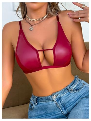 Image of SOLY HUX Bras for Women PU Leather Bra Contrast Mesh Comfort Bralette