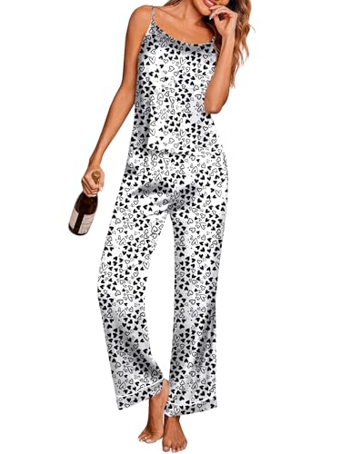 Image of Ekouaer Women Silk Satin Pajamas Sleeveless Pjs Set 2 Piece Summer Loungewear Sleepwear with Pockets S-XXL