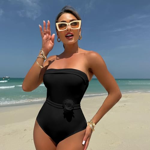 PTILSERY Einfarbiger Badeanzug für Damen, 1- teiliger Badeanzug für Mädchen, 3D- Blumen- Bademode, Push- Up- Badeanzug für Strandkleidung-3