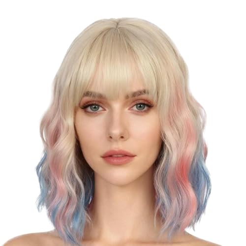 KiyaCos Enid Costume Female Werewolf Wigs Short Middle Parted Wavy Colorful Blonde Blue Pink Heat Resistant Synthetic Fiber Wig with Bangs for Halloween Party Cosplay