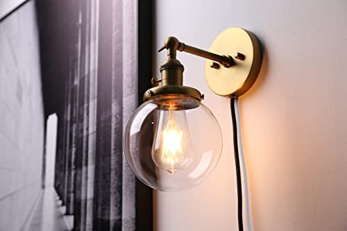 Permo 1-Light Plug In On/Off Switch Wall Sconce With Mini 5.9" Round Globe Clear Glass Shade Vintage Industrial Wall Lamp Light Fixture (Antique) #TOP2