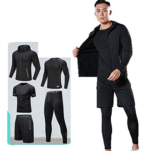 DDL Men's Gym Running Wear 5Pcs Set High Elastic Quick-Drying Hood Jacket/Short Sleeve/Long Sleeve/Shorts/Loose Sportswear Suit Suitable for Fitness,Sports,Football,1,M