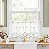 TOPICK Cortina de Cocina Visillo, Cortinas Cortas Pequeñas, 145An x 45Al (cm) Lote de 1 con Pasa-Barras, Blanco con Bordado Verde, Estilo Campestre para Ventana, Armario, Dormitorio y Cafetería