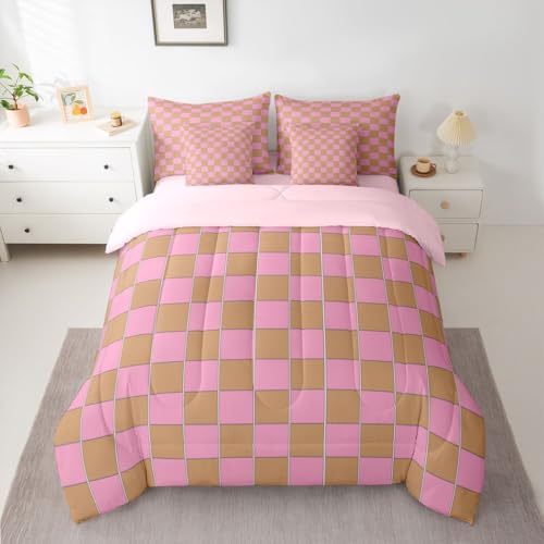 Image of Erosebridal Gaming Plaid King Bed in A Bag 7 Piece Geometric Checkered Comforter Set with Sheets Pink Brown Bedding Sets for Kids Adults,Cute Checkerboard Bed Set