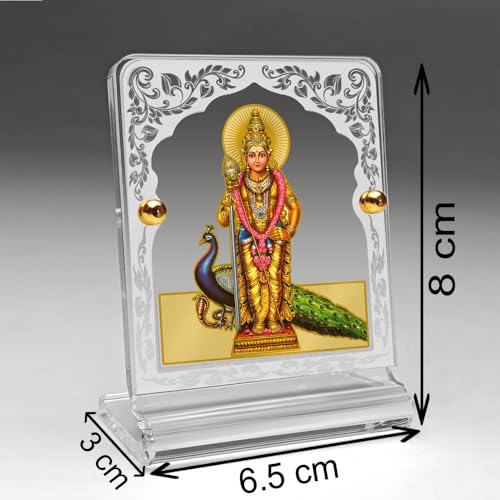 Image of Eknoor 24ct Gold Plated Murugan Ji Acrylic Crown Dashboard Frame | 24ct gold-plated Kartikeya Ji foil on arch crown acrylic frame with peacock and silver engraving