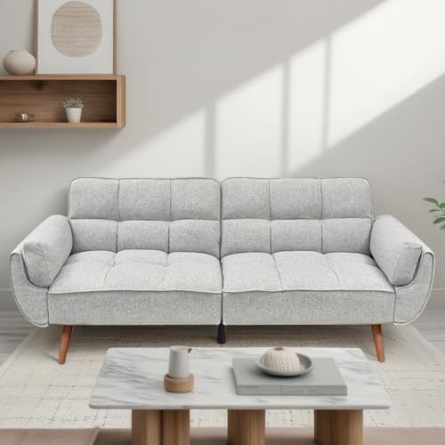 Trygoal Convertible Futon Sofa Bed, Modern Futon Couch with 2 Pillows, Small Futons Couch with Adjustable Armrest & Backrest, Loveseat Sofa Bed for Living Room, Bedroom, Gray