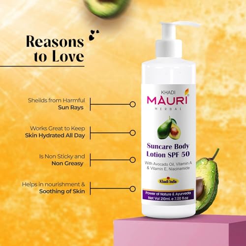 Image of Khadi Mauri Herbal Suncare Body Lotion (Sunscreen) SPF 50 | Broad Spectrum | Hydrates & Nourishes Skin | Enriched with Avocado Oil, Vitamin A & E, Niacinamide | 210 ml
