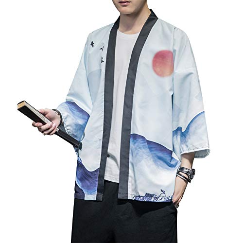 Image of Men's Japanese Kimono Robe Jacket Lightweight 3 /4 Sleeve Open Front Yukata | Silky Smooth Fashion Print Happi Coat Lightweight Breathable Loose Unisex Haori Casual Summer Cardigan Daily Beach Vacation
