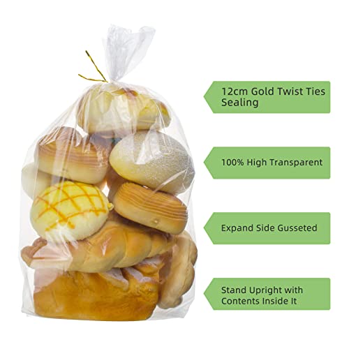 Lesibag 50 Pcs Bread Bags with Ties - 8" x 18" Clear Gusseted Bread Bags for Homemade Bread and Bakery Loaf