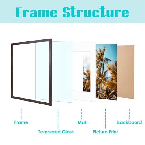 Image of Frametory, 16x20 Picture Frame with Mat for 11x14 Photo - High Definition Glass Wide Molding - Preinstalled Wall Mounting Hardware (Brown, 3 Pack)