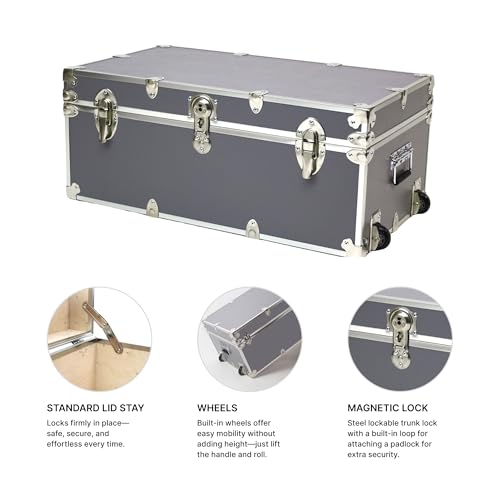 Image of Large Essential Trunk With Wheels, Tray, & Lid Organizer - 32 inchx18 inchx14 inch, 1000+ lbs Capacity. Strong, USA Made Summer Camp Footlocker, and Secure College Dorm Storage Chest