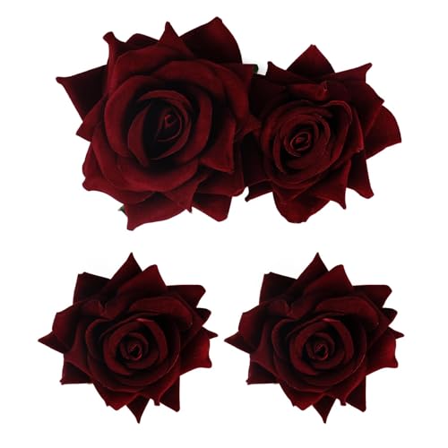 3 Stück Rose Haarspange, Rose Blume Haarspangen, Rot Rosen Brosche Blumenclips, für Damen Mädchen Party Hochzeit Valentinstag Maskerade Karneval (Dunkelrot)