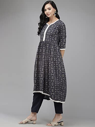 Image of INDO ERA Women's Cotton Blend Bandhni Flared Kurta Palazzo With Dupatta Set (KH0NB4085)