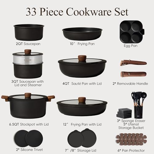Image of CAROTE 33pcs Pots and Pans Non Stick, Cookware Sets Detachable Handle, Induction Kitchen Pots and Pans,NonStick Cooking Set, Oven /Dishwasher /Fridge Safe, Space Saving, Mothers Day Gifts