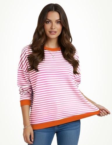 Image of Buauty Womens Long Sleeve Crewneck Knitted Striped Sweaters Casual Color Block Drop Shoulder Pullover 2025 Trendy Tops