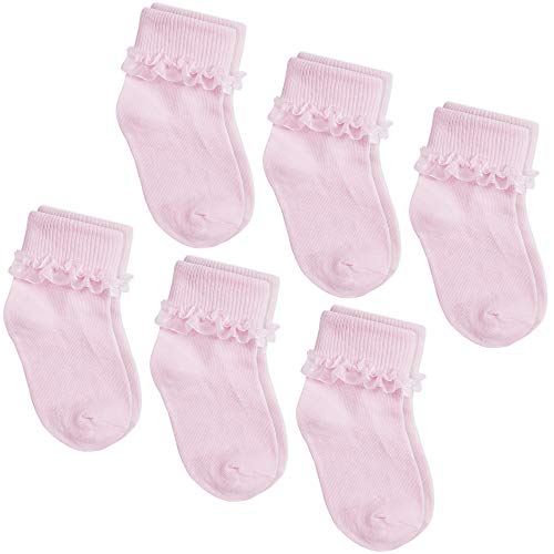 Calcetas Tick Tock Cottonique con lindos encajes y organza para llevar a la escuela, para niñas rosa 6 Pairs Pink