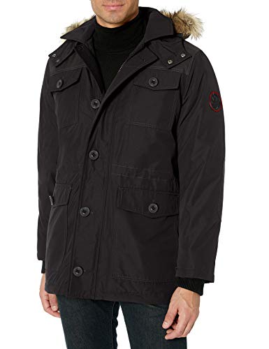 HFX Men's Four Pocket Field Jacket with Removable Faux Fur Hood, Black, Large