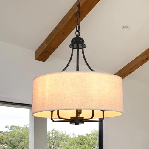 Guang Shuo 17.7" Drum Chandelier Boho Light Fixture 5 Light High Ceiling Chandelier Modern Pendant Lights for Dining Room with Linen Lampshade E12 Base
