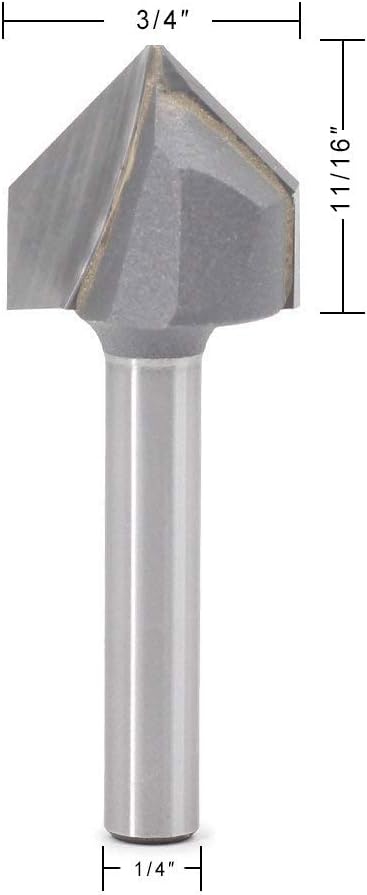 V Groove Router Bit JESTUOUS 90 Degree 1/4 Inch Shank Diameter 3/4 Cutting Diameter Double Flute Carbide Tipped Cutter