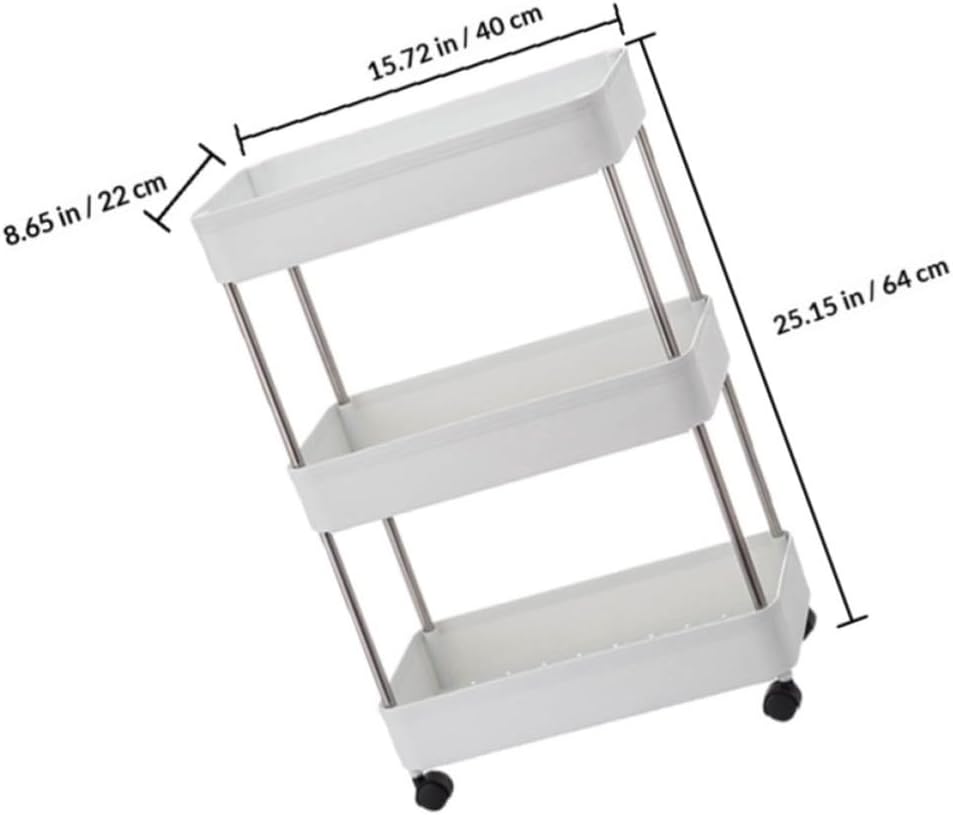 Removable Multi-Layer Trolley Storage Shelf with 3 Shelves, Lightweight White Pp and Stainless Steel Rack, Large Capacity Rolling Organizer for Bathroom, Toilet, and Balcony