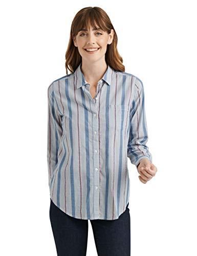 Lucky Brand Women's Long Sleeve Button Up Blue Stiped Classic One Pocket Shirt, Multi, S