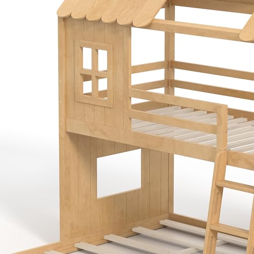 Image of Bellemave Bunk beds Twin Over Full with Slide,Ladders,Bookshelf and Wardrobe House roof Design, Low bunk /loft Bed for Kids, Natural
