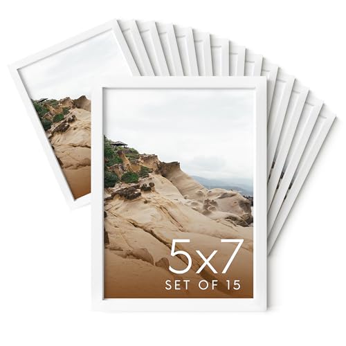 HAUS AND HUES 5x7 White Metal Picture Frames - Bulk Frames 5X7 - Features Premium Aluminum, Vertical Hanging, Easel Back for Tabletop, Home, Office (5x7 in, White, Set of 15)