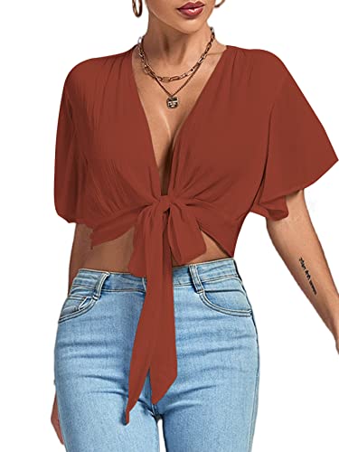 Image of LYANER Women's Sexy Deep V Neck Tie Front Wrap Cropped Blouse Bell Short Sleeve Ruffle Crop Tops