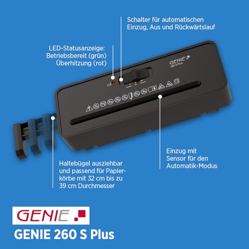 GENIE 260 S Plus Aktenvernichter | Papierschredder mit 6-mm Streifenschnitt | Schredder Aktenvernichter für Zuhause | Shredder Papier kompakt | Mit universal Aufsatz | Paper Shredder