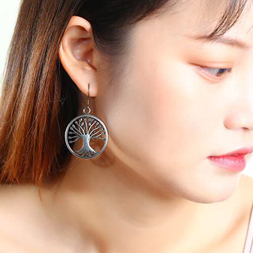 Tree Of Life Titanium Dangle Drop Earring Charms, Round Vintage Stainless Steel Dropping Earrings Anniversary Birthday Jewelry Gifts, Pure Titanium Hook Hypoallergenic For Women Girls Sensitive Ear #TOP1