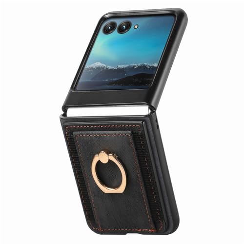 Coque Motorola Razr 40 Ultra noire en cuir avec porte-carte et anneau de protection