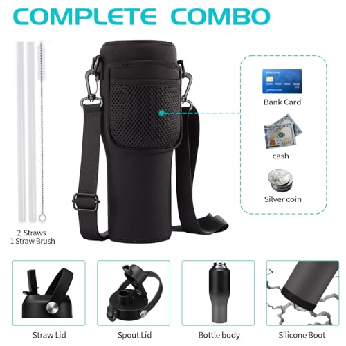 Image of 40oz Insulated Water Bottle with Straw - Auto Spout Lid, Protective Boot, Carrier Pouch, Vacuum Stainless Steel Water Bottles Leak-proof, Skinny Thermo Mug Flask Fit in Car Bike Cup Holder