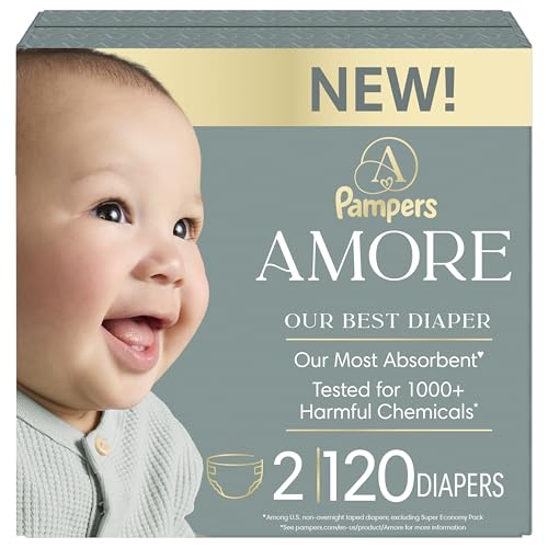 Image of Pampers Amore, Size 2 (10-22 lbs), 120 Count, Our Best Diaper – Hypoallergenic & Fragrance Free, Up to 100% Leakproof, Soft as Cashmere