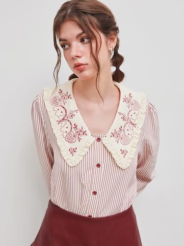 CIDER Shirts for Women Striped Embroidery Oversized Shirt Doll Collar Long Sleeve Blouse V Neck Woven Top2