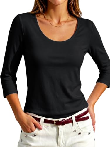 Image of Meetrendi Women's 3 /4 Sleeve Scoop Neck T-Shirt Cotton Blend Slim Fit Basic Tee Casual Spring Top 2026