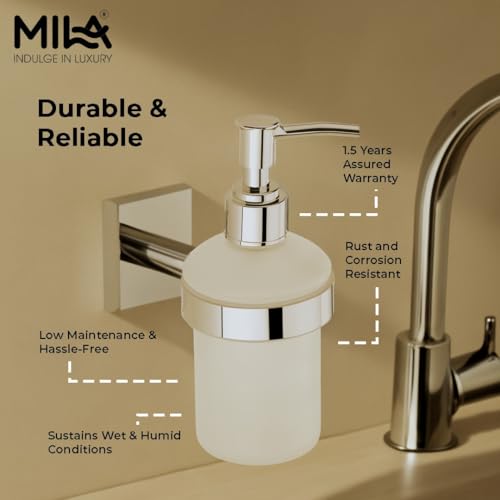 Image of Mila Floro Soap Dispenser | Premium SS304 Wall Mounted Liquid Holder with Frosted Glass Dispenser | Chrome Finish Soap & Lotion Pump for Bathroom, Kitchen & Wash Basin