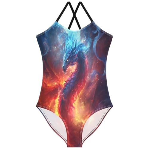 Pigsaly Girls One Piece Swimsuits Space Flames Blue Red Fire Dragon Kids Cross Back Swimwear Beach Sport Bathing Suit 3T