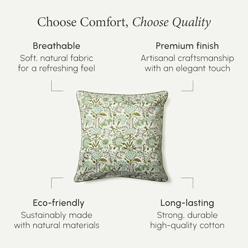 CPC 100% Cotton Throw Pillow Covers 20x20 Inch, Set of 2 Green Block Print Pattern Couch Pillow, Cute Boho Decorative Pillows for Living Room, Bedroom with Hidden Zipper- Agate Green