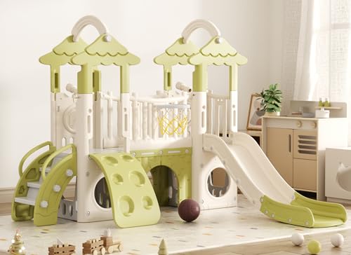 XJD 9 in 1 Toddler Slide, Jungle Slide with Basketball Hoop, Tunnel and Storage Space, Outdoor Indoor for Toddlers Age 1+,Tree House Design Toddlers Outdoor Indoor Playground (Green)