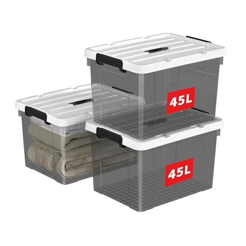 Cetomo 45L*3 Caja de Almacenamiento con Asa, Caja de Plástico con Tapa y Cierre Seguro, Contenedor de Almacenamiento Grande, Duradera, Apilable, Resistentes, Negro Transparente, Paquete de 3 de 45L