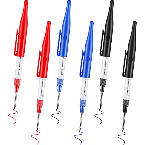 Zonon 6 Pcs Long Head Deep Hole Marker Pens Waterproof Deep Drill Hole Long Nib Pen 30mm Reach Marker for Construction Carpenter Woodworking Hardware, Red Black Blue 3 Colors