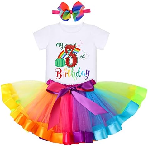 Watermelon 3rd Birthday Outfit for Baby Girls Rainbow Shirt Tutu Skirt Bowknot Headband Summer Wild Three Clothes Set for 3 Year Old Princess Cake Smash Photo Prop Costume Rainbow 3rd Birthday 3 Years