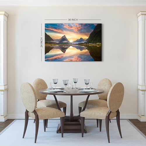 Image of Mountain Lake Wall Art for Bedroom Orange Sunrise Paintings Wall Decor Nature Yosemite Poster Canvas Prints New Zealand Scenery Photography Pictures Modern Artwork Office Bathroom Decorations 24x36 inch
