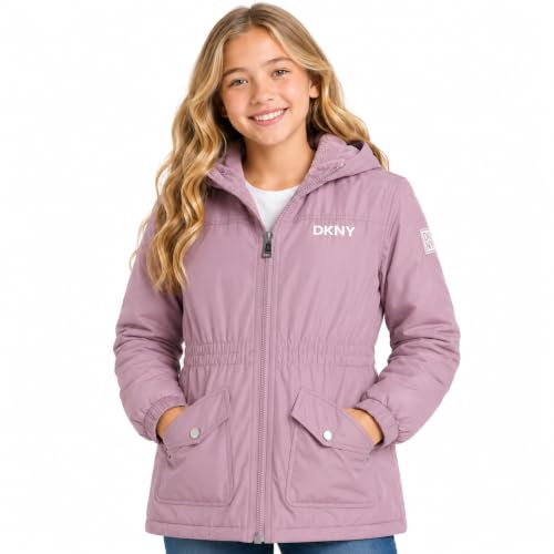Image of DKNY Girls Midweight Jacket - Cozy Sherpa Fur Lined Water Resistant Hooded Anorak Windbreaker Zip Up Jacket for Girls