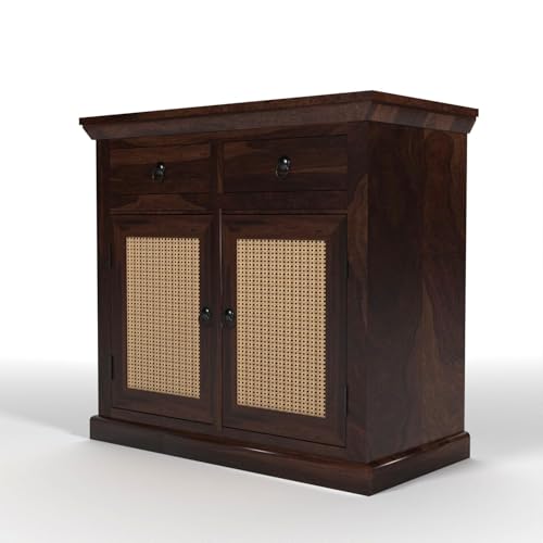 Image of Solid Sheesham Wood Sideboard Cabinet with Cane Woven Doors 2 Rack and 2 Drawers | Wooden Storage Cabinet for Living Room & Dining Room (Walnut Finish)