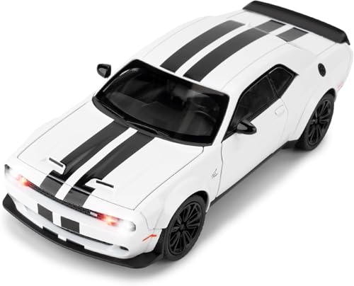 Image of WORSHIPER 1:22 Dodge Challenger SRT Exclusive Alloy Metal Pull Back Die-cast Car Model with Sound Light Mini Auto Toy for Kids for Toy Car with Sound and Light (1:22 Dodge Challenger SRT - White)