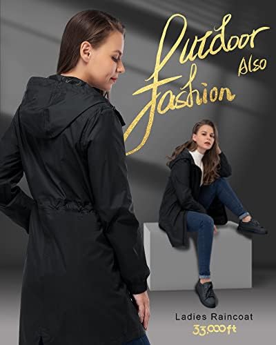 33,000ft Women's Waterproof Long Rain Coats Packable Rain Jacket with Hood Trench Coats Windbreaker