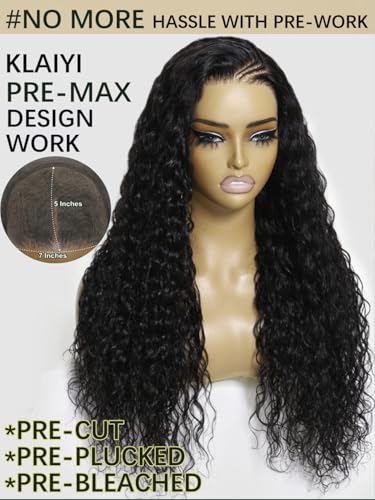 Image of KLAIYI Bye Bye Knots Glueless Wig Pre Cut Water Wave HD Lace Front Wigs Human Hair Pre Bleached Pre Plucked Ready to Go Wigs for Women 30S Easy to Wear Put On and Go Curly Wig Beginner Friendly 20Inch