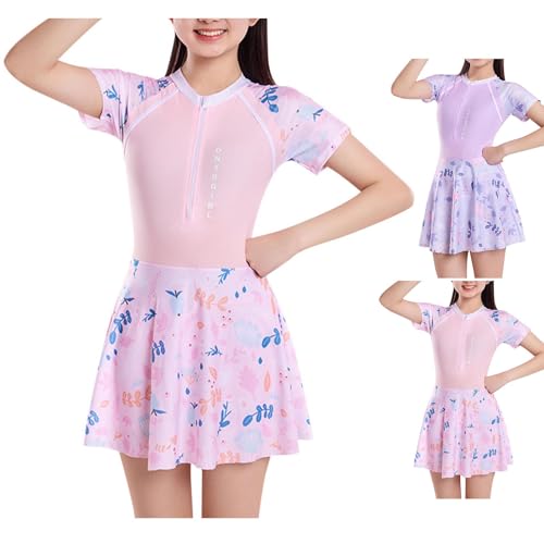 Girls One Piece Swimsuits Zipper Front Short Sleeve Swim Dress Hawaiian Printed Skirted Bathing Suits for 9-14 Years2